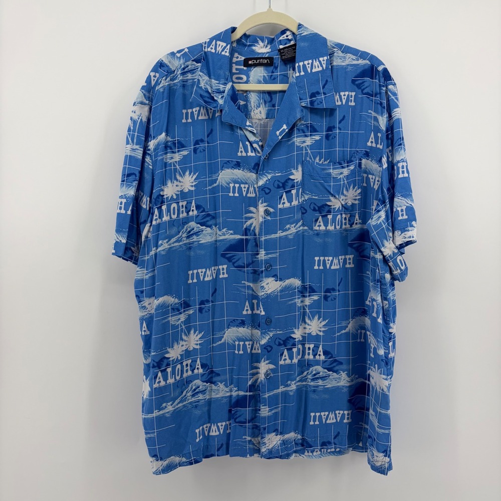 Puritan Mens XL Blue Aloha‎ Hawaii Rayon Short Sleeve Tropical Button Up Shirt